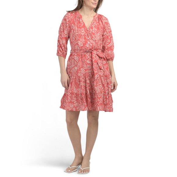 ELLEN TRACY Coral Multi V-neck Mini Dress With Ladder Stitch Trim - Picture 1 of 2